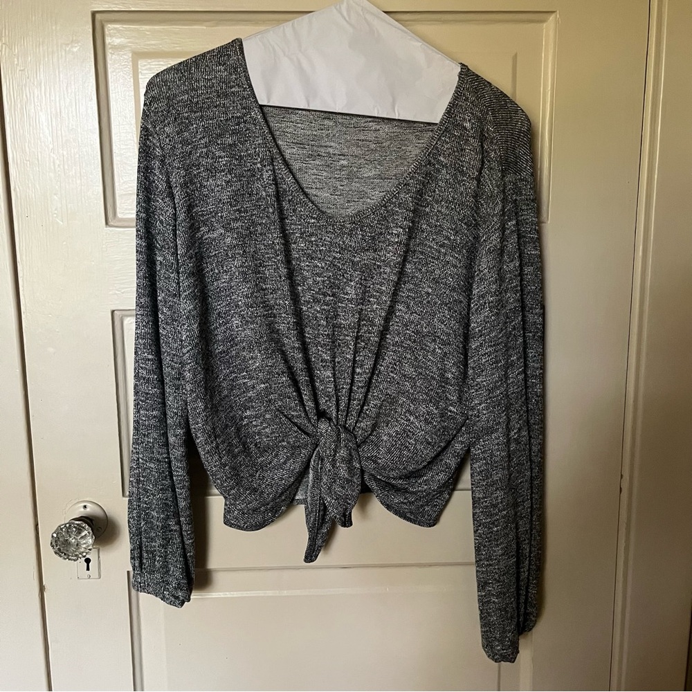 Show me your Mumu gray silver metallic tie knot twist crop sweater